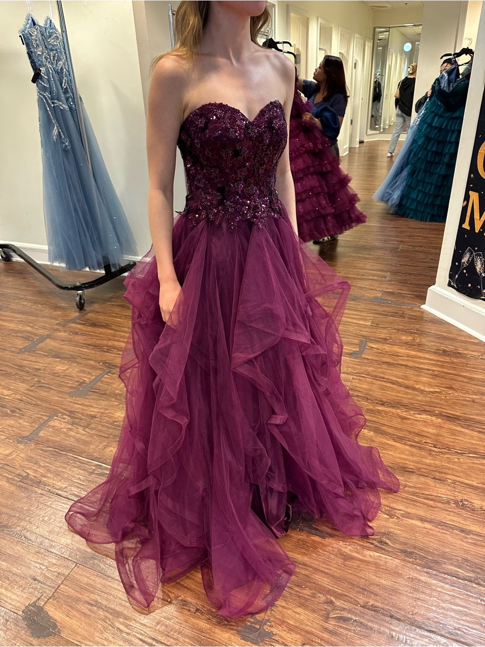 Camille La Vie Strapless Sweetheart Ball Gown in Plum